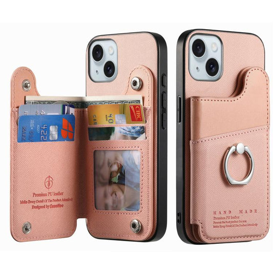 Twill Fabric Ring Multi-card Wallet Vegan Leather Phone Case, For iPhone 14, For iPhone 14 Pro, For iPhone 14 Pro Max  