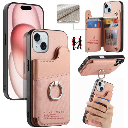 Twill Fabric Ring Multi-card Wallet Vegan Leather Phone Case, For iPhone 15 Plus, For iPhone 15, For iPhone 14 Plus  