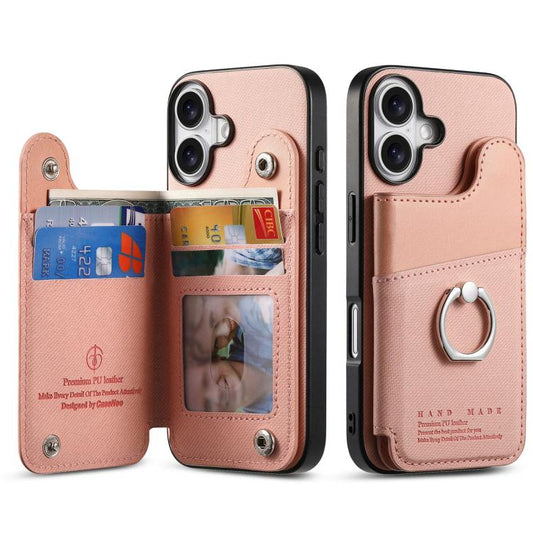 Twill Fabric Ring Multi-card Wallet Vegan Leather Phone Case, For iPhone 16, For iPhone 15 Pro Max, For iPhone 15 Pro  