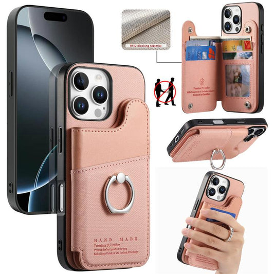 Twill Fabric Ring Multi-card Wallet Vegan Leather Phone Case, For iPhone 16 Pro Max, For iPhone 16 Pro, For iPhone 16 Plus  