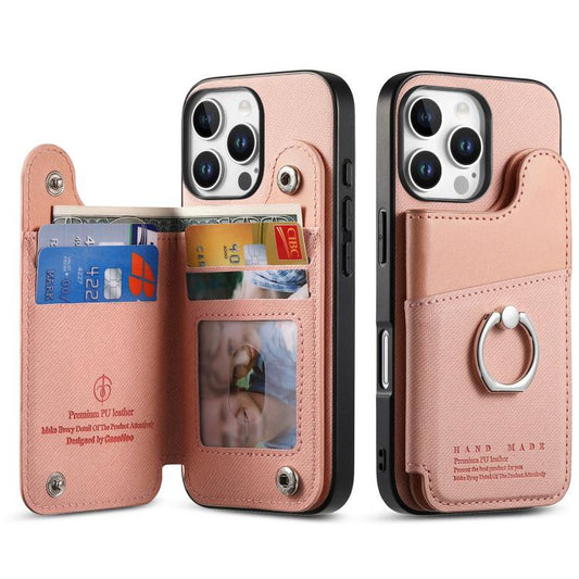 Twill Fabric Ring Multi-card Wallet Vegan Leather Phone Case, For iPhone 16 Pro Max, For iPhone 16 Pro, For iPhone 16 Plus  