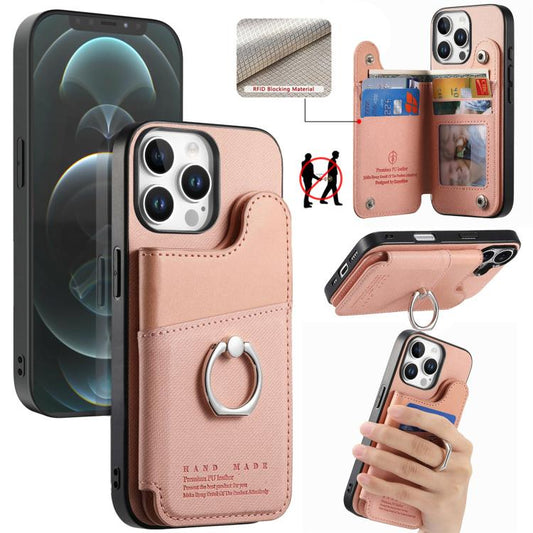 Twill Fabric Ring Multi-card Wallet Vegan Leather Phone Case, For iPhone 12 / 12 Pro, For iPhone 12 Pro Max  