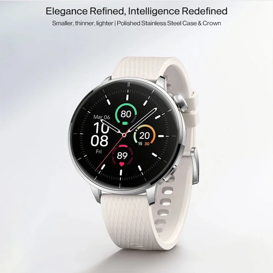 Smartwatch with a white band on a light gray background, featuring text about the product's features.