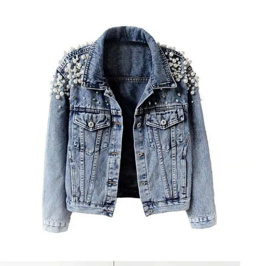 Spring and Autumn New Heavy Beaded Denim Jacket for Women, Short Length, Long Sleeve, Fashionable Export Jacket with Large Pearls  