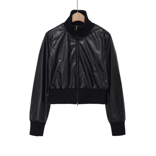 Stand collar versatile and minimalist faux leather executive jacket  