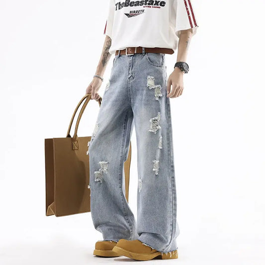 Street Style Ripped Denim Pants Men Lightweight Straight Loose  