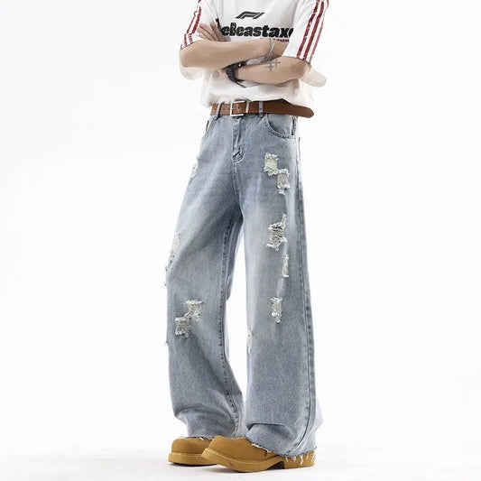 Street Style Ripped Denim Pants Men Lightweight Straight Loose  