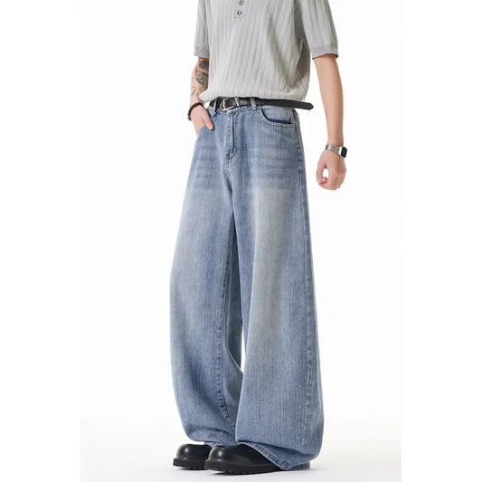 Street Style Washed Stripe Wide Leg Jeans Men's Loose High Waist Drop Crotch Pants  