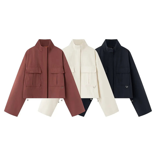 Street standing collar flip chest pocket short collar jacket  