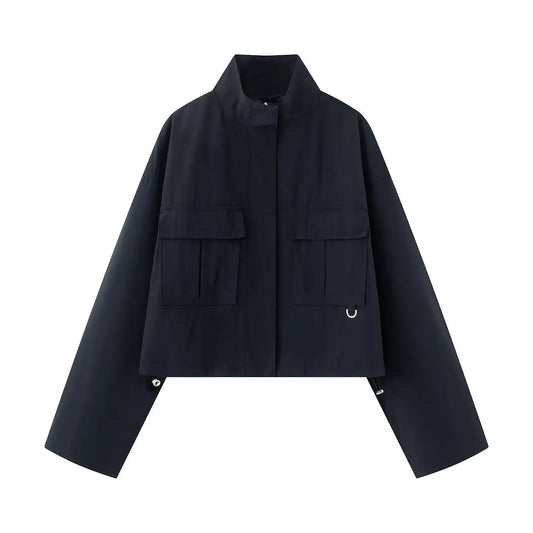 Street standing collar flip chest pocket short collar jacket  
