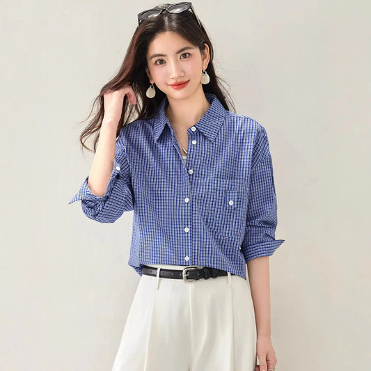 Stylish Blue Checkered Shirt Blazer for WomenFashionable and Youthful Top  