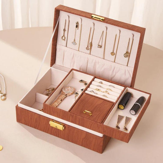 Wood Grain Jewelry Box 2-Layer Lockable Jewelry Organizer Case with Key & Removable Dividers  