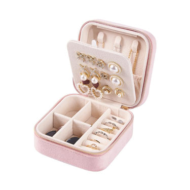 Mini 2-Tier Velvet Travel Jewelry Box with Earring Stud Board, Removable Divider & Necklace Hooks, 10 x 10 x 5.5cm  