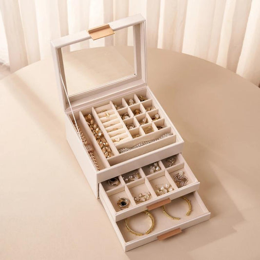 Glass Top 3-Tier Leather Jewelry Box with 2 Drawers Removable Dividers for Rings Earrings Bracelets  