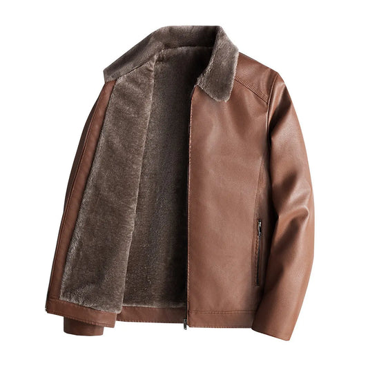Thick velvet leather jacket for middle-aged and elderly men, PU leather jacket for autumn and winter  