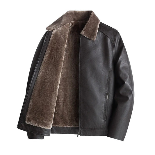 Thick velvet leather jacket for middle-aged and elderly men, PU leather jacket for autumn and winter  