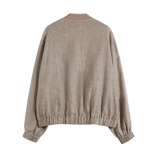 Vintage Distressed Stand Collar Linen Jacket Loose Slim Fit Lazy Style Relaxed Zipper Baseball Jacket  