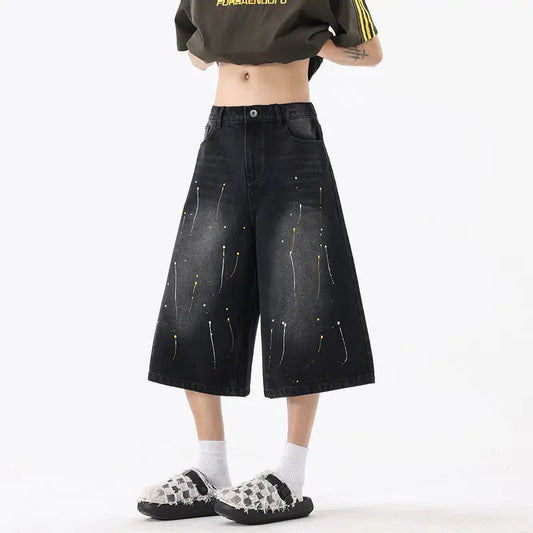 Wide-Leg 7/8 Denim Pants Men's Meteor Design Loose Shorts  