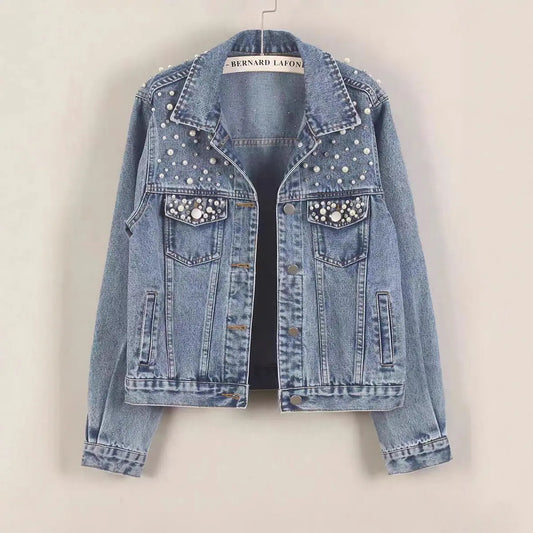 Women's Denim Jacket with Beading Rhinestonesand Pearls, Fashionable Ulzzang Outerwear  