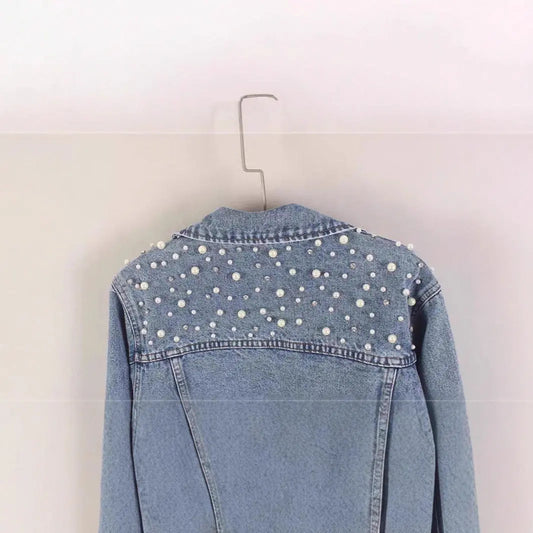 Women's Denim Jacket with Beading Rhinestonesand Pearls, Fashionable Ulzzang Outerwear  