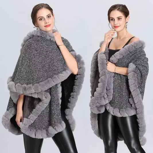 Women's Plus Cashmere Fur Collar Knitted Cardigan Shawl Cape Coat  
