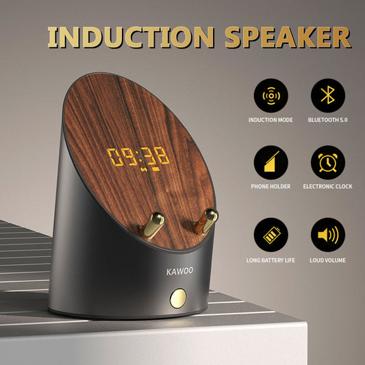 Wooden Speaker Smart Induction Speaker Phone Holder Portable Mini Desktop Wireless Alarm Clock Bluetooth Speaker  