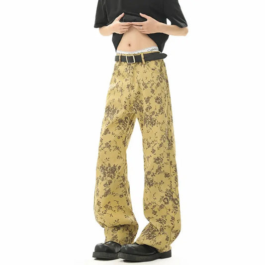 Yellow Mud Color Floral All-Over Jacquard Denim Pants  