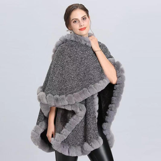 Women's Plus Cashmere Fur Collar Knitted Cardigan Shawl Cape Coat  