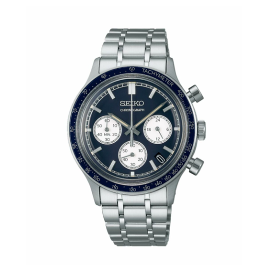 Seiko chronograph watch with silver bracelet on a white background