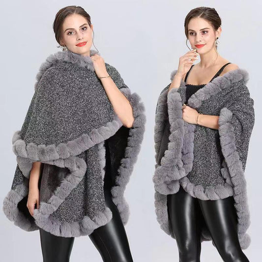 Women's Plus Cashmere Fur Collar Knitted Cardigan Shawl Cape Coat  