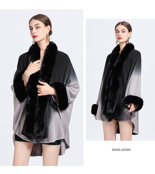 Rabbit Fur Collar Shawl Cape Knitted Cardigan Baggy Coat  